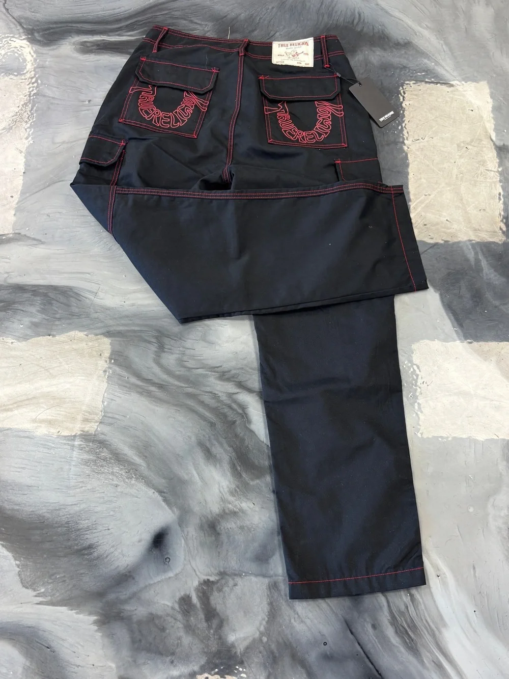 True Religion Black cargo Jeans with Red Stitching